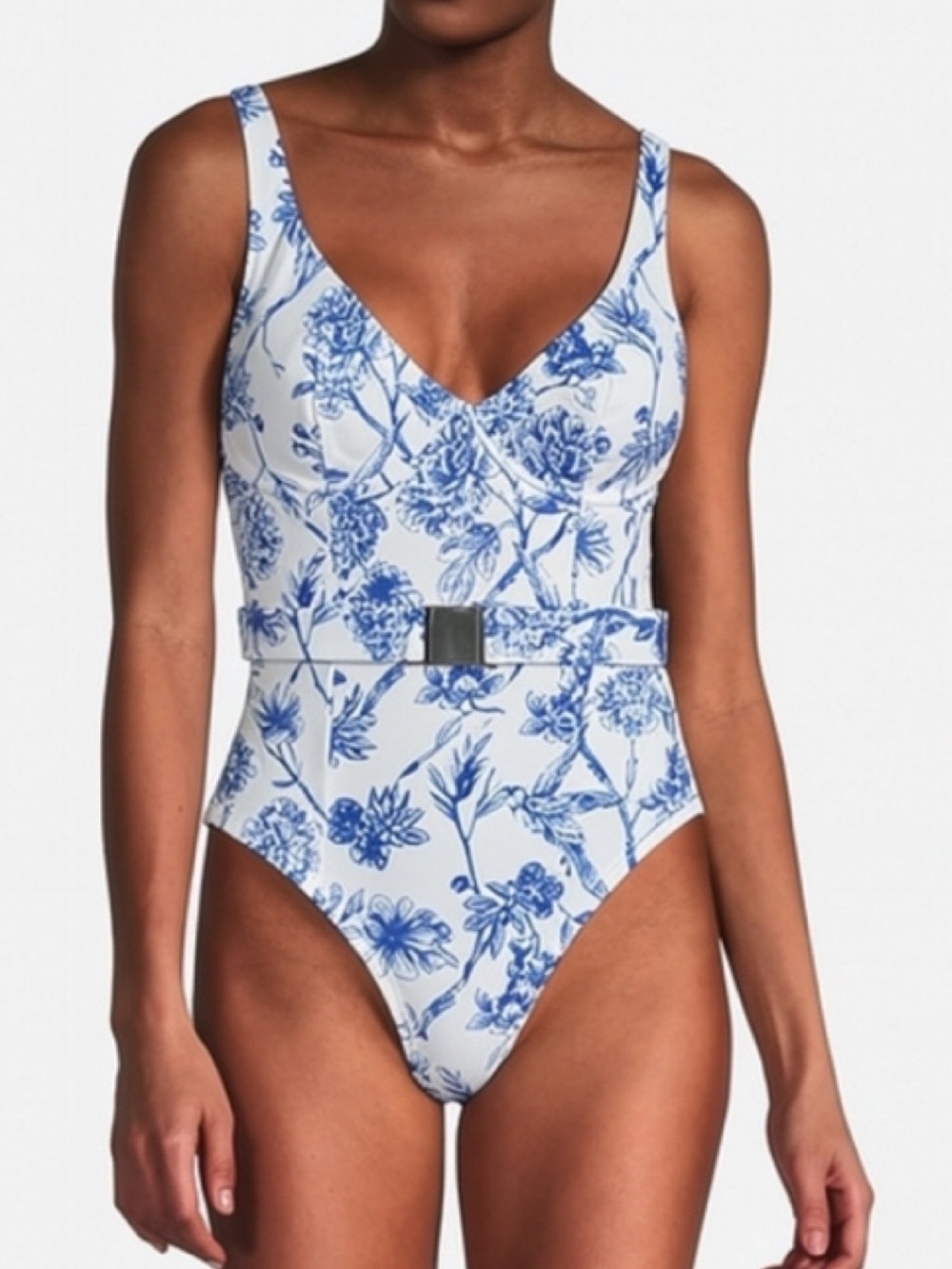 Hutch Sally Blue & White Floral One Piece Swimsuit With Belt Size Medium NWT